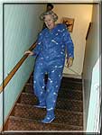 "Here she comes!" Mom modeling her new "footie" pajamas